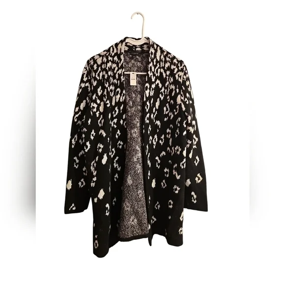 Talbots soft Open front leopard print black white cardigan sz large new - Picture 3 of 7